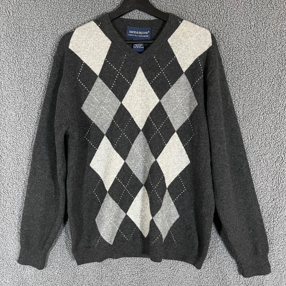 Davis Squire 100% 2 Ply Cashmere Argyle Sweaters - Men's Size M - Gray